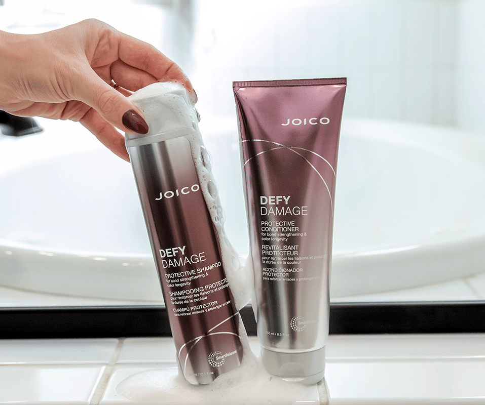 Joico Defy Damage shampoo & conditioner in use image